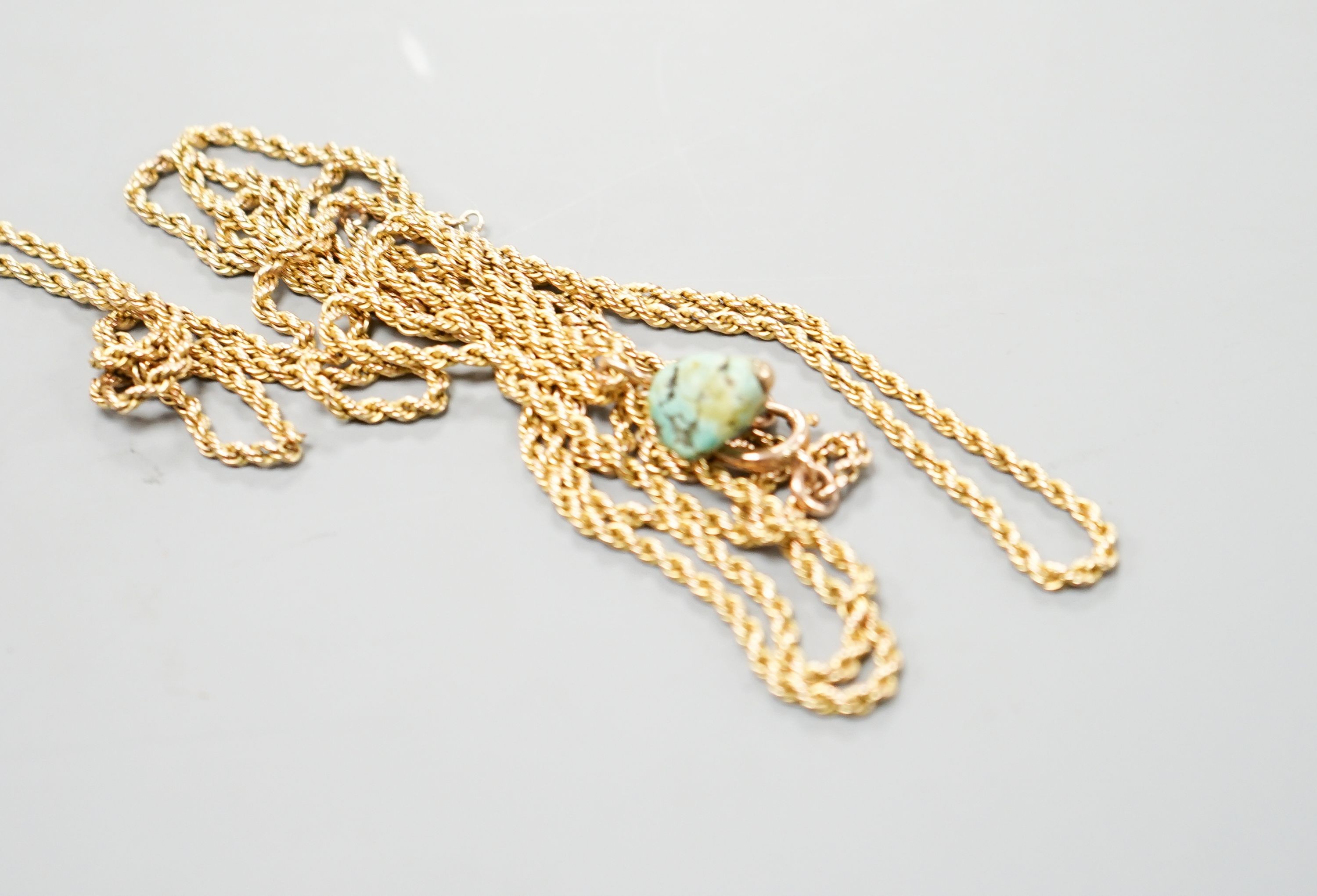 A 9ct rope twist guard chain, with turquoise pebble pendant, chain length, 146cm